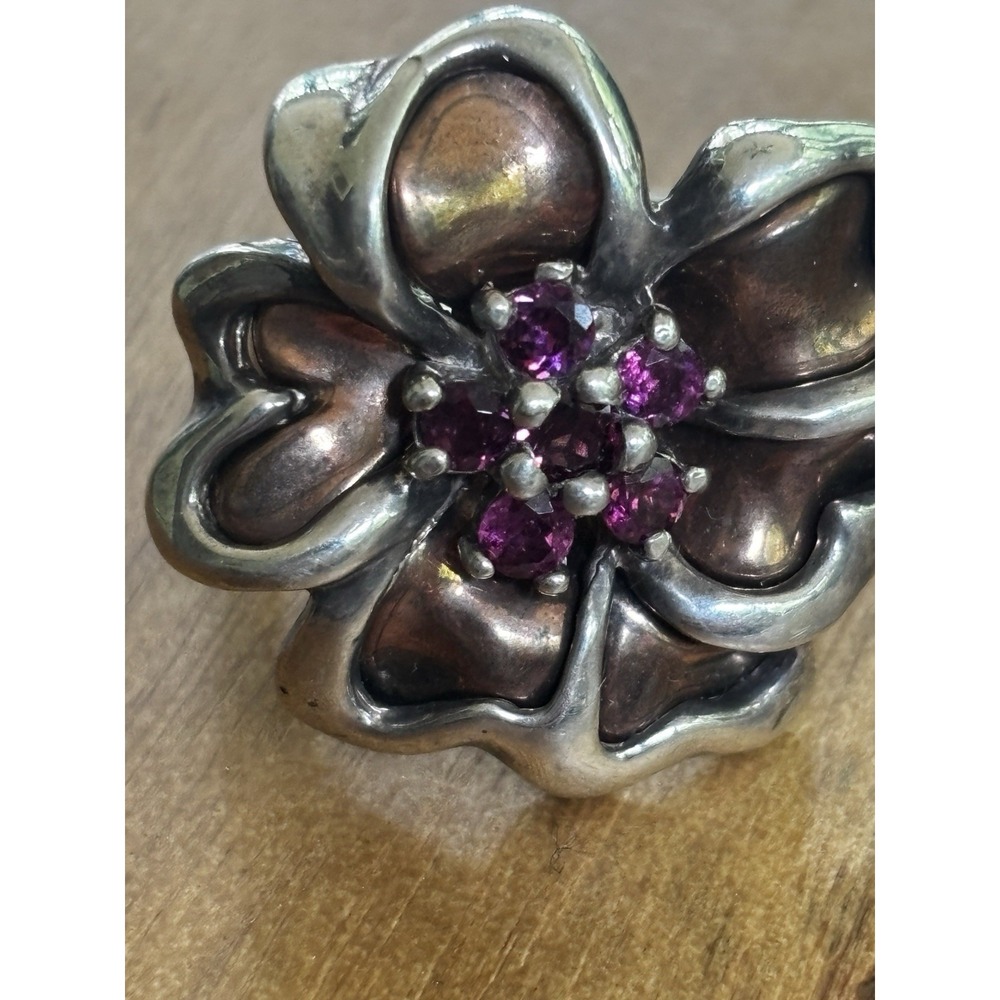Carolyn Pollack Sterling And Copper Garnet Flower Ring Size 7